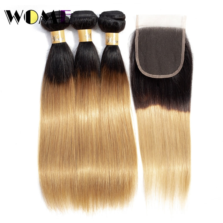 Wome Pre-colored Ombre Indian Hair Frontal With 3 Bundles