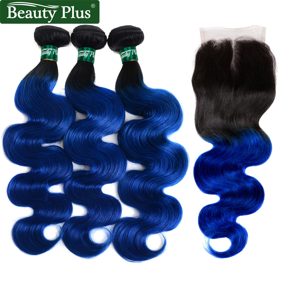 1B Blue 3 Bundles With Closure Brazilian Body Wave